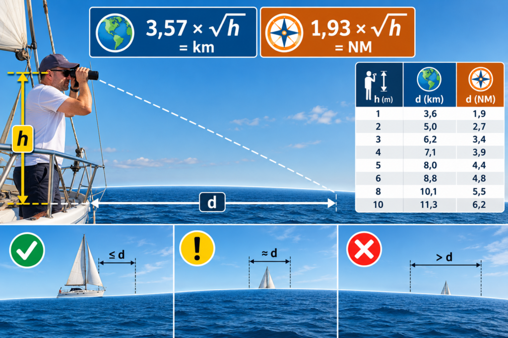 Distance à l'horizon depuis un voilier selon la hauteur des yeux au-dessus du niveau de la mer